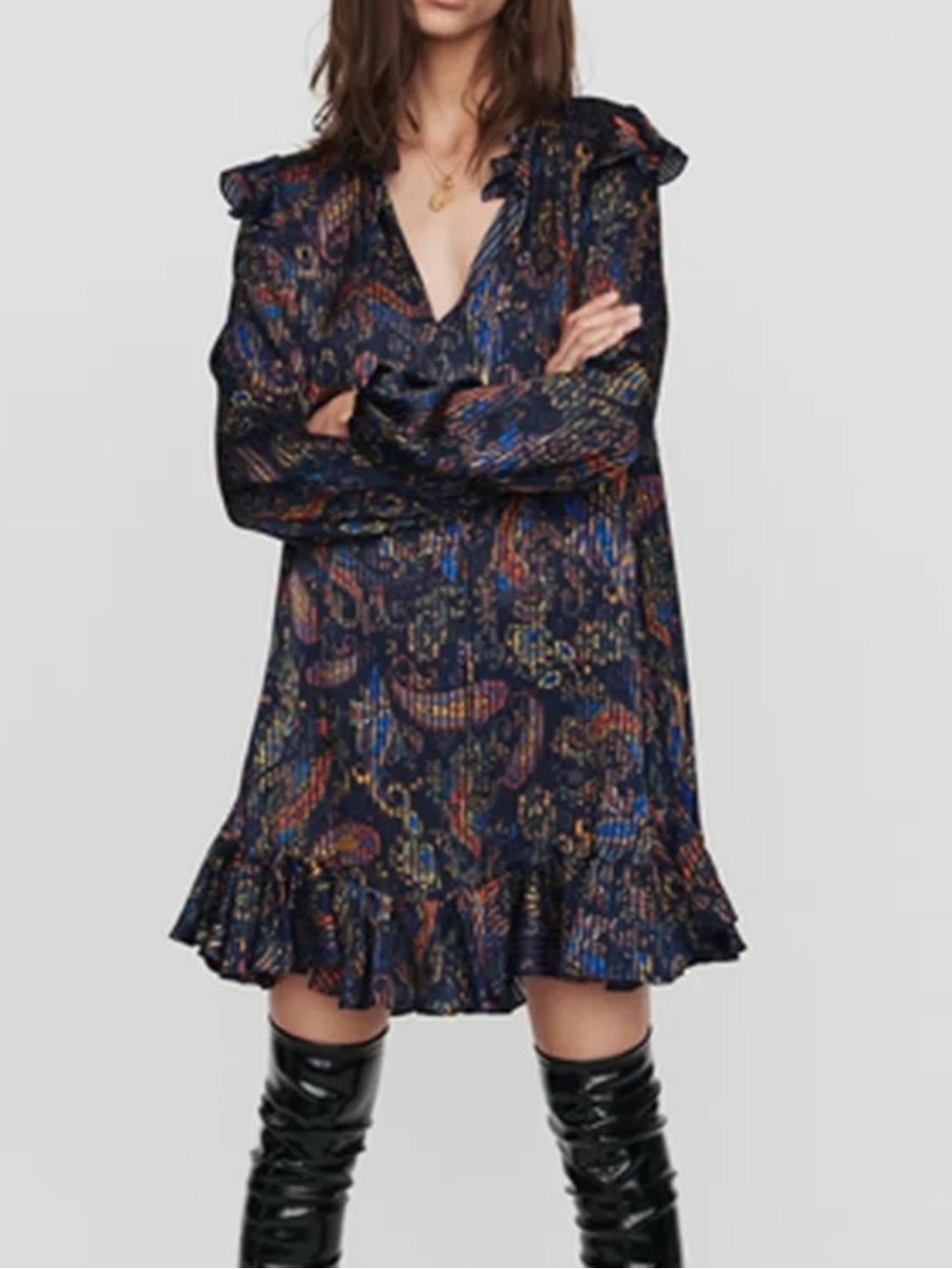 Maje Riley Printed Ruffle Mini Dress – Size 2